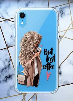 Прозорий чохол на iphone xr дизайн дівчина з кавою принт 114