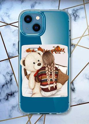 Прозрачный чехол для iphone 13 mini :: девочка с мишкой (принт 117)
