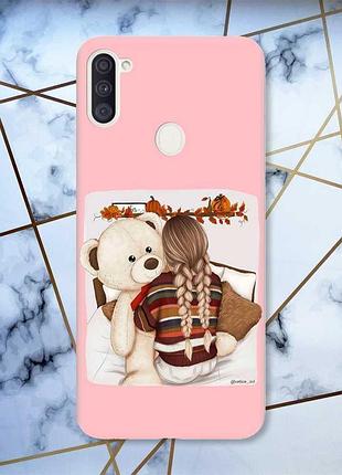 Матовый чехол с розовыми боками на samsung galaxy a11 :: девочка с мишкой (принт 117)
