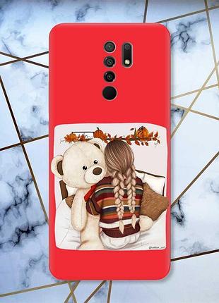 Матовый чехол с красными боками на xiaomi redmi 9 :: девочка с мишкой (принт 117)