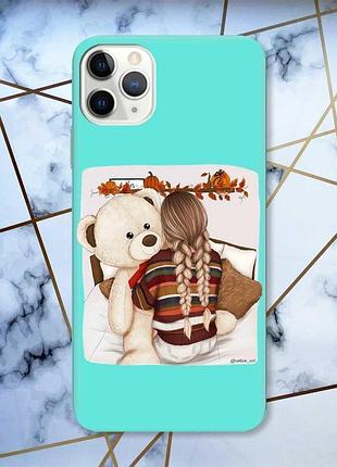 Матовый чехол с бирюзовыми боками на iphone 11 pro max (6.5) :: девочка с мишкой (принт 117)
