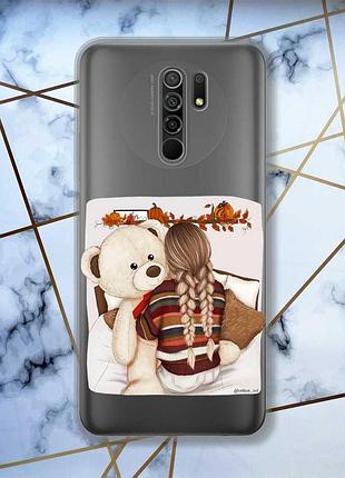 Прозрачный чехол на xiaomi redmi 9 :: девочка с мишкой (принт 117)