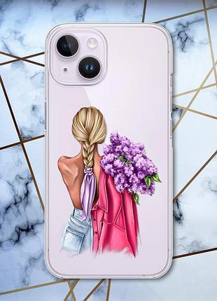 Прозрачный чехол с защитой камеры на iphone 14 :: девушка с сиренью (принт 7)