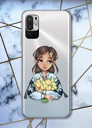 Прозрачный чехол на xiaomi redmi note 10 5g :: девушка с тюльпанами (принт 22)