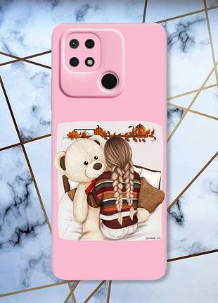 Матовый чехол с розовыми боками на xiaomi redmi 10c :: девочка с мишкой (принт 117)