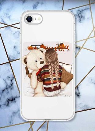 Прозрачный чехол на iphone se 2020 :: девочка с мишкой (принт 117)