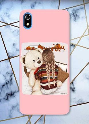Матовый чехол с розовыми боками на xiaomi redmi 7a :: девочка с мишкой (принт 117)
