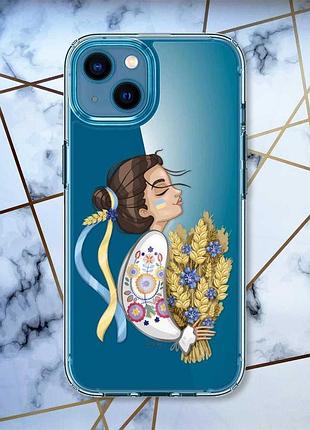 Прозрачный чехол для iphone 13 mini :: украинка с колосками (принт 172)