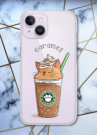 Прозрачный чехол с защитой камеры на iphone 14 :: капучино котик (принт 97)