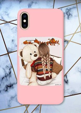 Матовый чехол с розовыми боками на iphone xs max :: девочка с мишкой (принт 117)