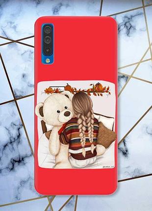 Матовый чехол с красными боками на samsung galaxy а50 (2019) а505 :: девочка с мишкой (принт 117)