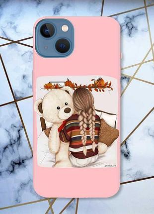 Матовый чехол с розовыми боками на apple iphone 13 :: девочка с мишкой (принт 117)
