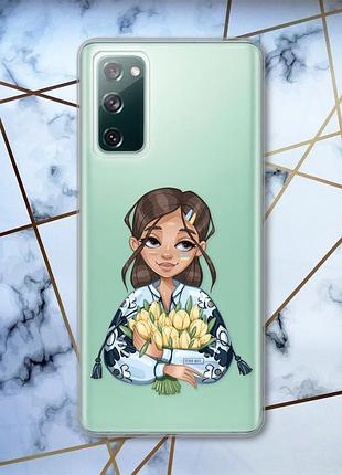 Прозрачный чехол на samsung galaxy s20 fe :: девушка с тюльпанами (принт 22)