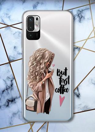 Прозрачный чехол на xiaomi redmi note 10 5g :: девушка с кофе (принт 114)