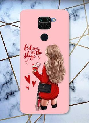 Матовий чохол з рожевими боками на xiaomi redmi note 9 :: дівчина з кавою (принт 137)