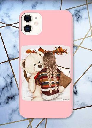 Матовый чехол с розовыми боками на apple iphone 11 (6.1) :: девочка с мишкой (принт 117)