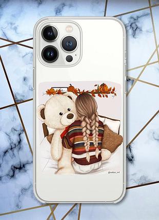 Прозрачный чехол с защитой камеры на iphone 14 pro девочка с мишкой (принт 117)