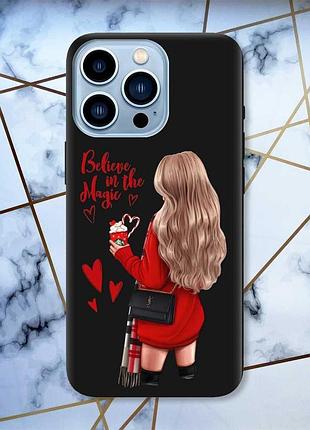 Матовый чехол с черными боками на apple iphone 13 pro max девушка с кофе (принт 137)