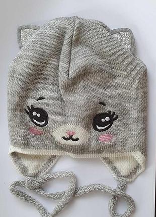 Шапка alex for kids "кішка" розмір 44 - 46см, фліс, сірого кольору