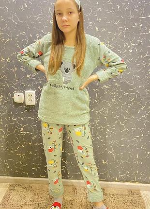 Піжама флісс олива дитяча з маскою для сну вишивка коала, махрова піжама турецька зимова дівчинці 8-16 років 38р