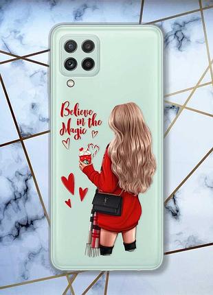 Прозрачный чехол на samsung galaxy a22 4g / m22 / m32 девушка с кофе (принт 137)