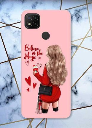 Матовый чехол с розовыми боками на xiaomi redmi 9c/10a девушка с кофе (принт 137)
