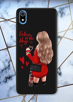 Матовый чехол с черными боками на xiaomi redmi 7a :: девушка с кофе (принт 137)