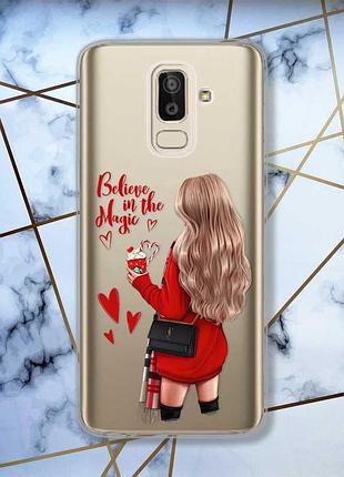 Прозрачный чехол для samsung galaxy j8 (2018) девушка с кофе (принт 137)
