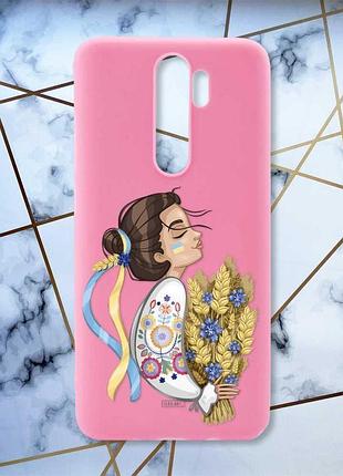 Матовий чохол з рожевими боками на xiaomi redmi note 8 pro українка з колосками принт 172
