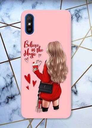 Матовий рожевий чохол на xiaomi redmi 9a дівчина з кавою (принт 137)