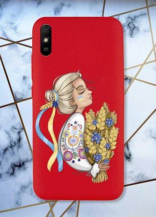 Матовый чехол с красными боками на xiaomi redmi 9a :: украинка с колосками (принт 173)