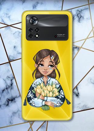Прозрачный чехол на xiaomi poco x4 pro :: девушка с тюльпанами (принт 22)