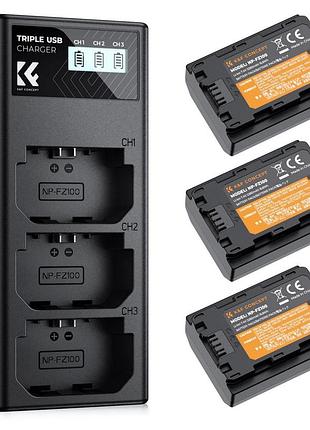 Комплект з трьох акумуляторів та зарядного пристрою k&f concept np-fz100 2280mah для камер sony (kf28.0038)