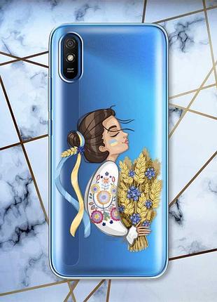 Прозрачный чехол на xiaomi redmi 9a :: украинка с колосками (принт 172)