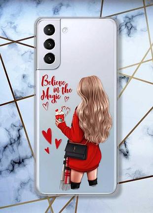 Прозрачный чехол для samsung galaxy s21 (g991) девушка с кофе (принт 137)