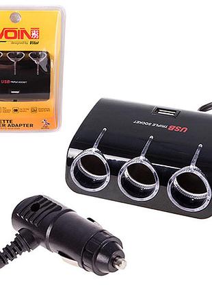 Подовжувач прикурювача voin 3 виходи + 1usb 1000ma 12/24v sc-3073