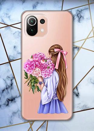 Прозорий чохол на xiaomi mi 11 lite дизайн дівчина з півоніями (принт 11)