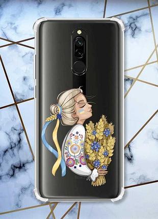 Чохол з потовщеними кутами на xiaomi redmi 8 патріотичний дизайн українка з колосками принт 173