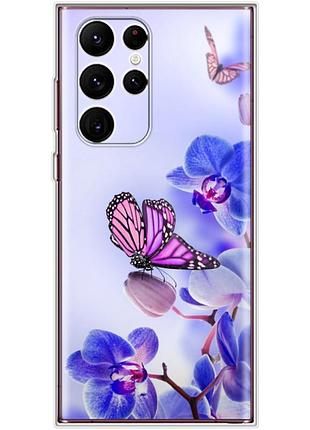 Чехол силиконовый с картинкой на samsung galaxy s22 ultra (s908) (цветок, бабочка на орхидее)
