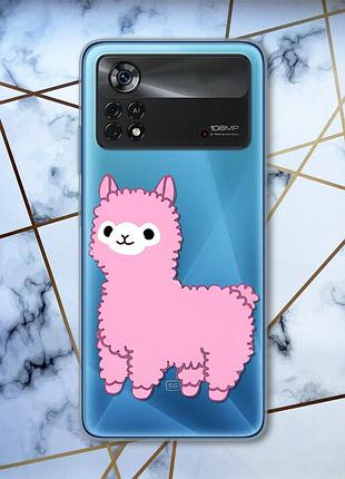 Прозорий чохол на xiaomi poco x4 pro лама рожева (принт 100)
