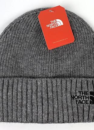 Зимняя шапка the north face, цвет бирюзовый с черным логотипом серый с черным логотипом