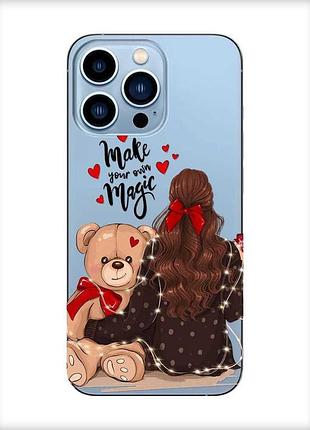 Прозрачный чехол на apple iphone 13 pro max девушка с мишкой (принт 188)