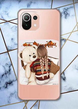 Прозорий чохол на xiaomi mi 11 lite дівчина з ведмедиком (принт 117)