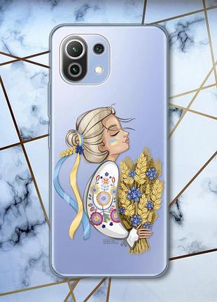 Прозрачный чехол на xiaomi mi 11 lite украинка с колосьями (патриотический принт 173)