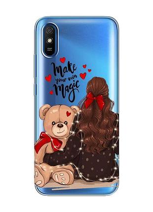 Прозорий чохол на xiaomi redmi 9a дівчина з ведмедиком (принт 188)