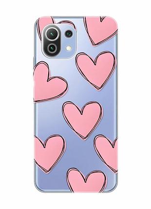 Прозрачный чехол на xiaomi mi 11 lite сердечка розовые (принт 78)