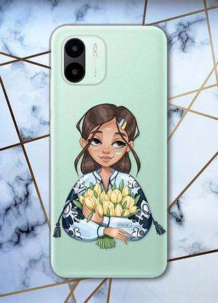 Прозрачный чехол на xiaomi redmi a1 девушка с тюльпанами (патриотический принт 22)