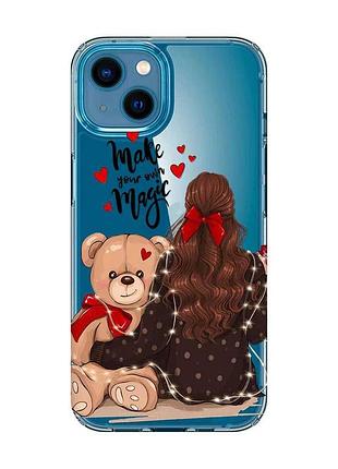 Прозрачный чехол для iphone 13 mini девушка с мишкой (принт 188)