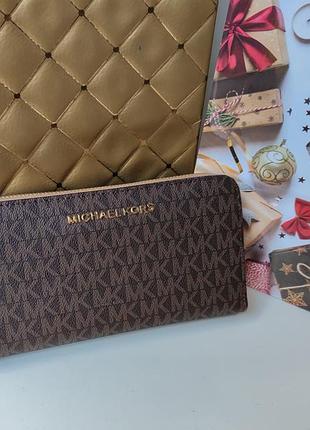 Жіночий брендовий шкіряний гаманець michael kors майкл корс в кольорах, гаманець на блискавці, гаманець з логотипом коричневий