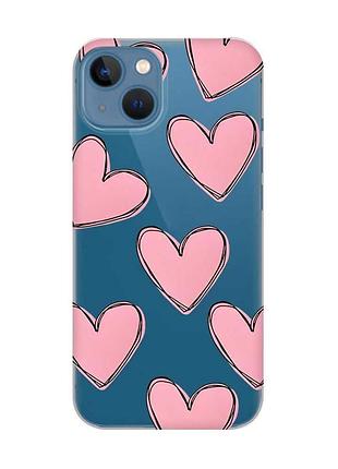 Прозорий чохол на apple iphone 13 сердечка рожеві (принт 78)